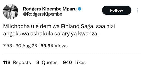 Rodgers kipembe mpuru rodgerskipembe follow mlichocha ule dem wa finland saga, s