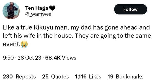 Ten haga wamwea follow like a true kikuyu man my dad has gone ahead and left his