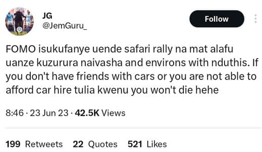 Jg jemguru _ follow fomo isukufanye uende safari rally na mat alafu uanze kuzuru