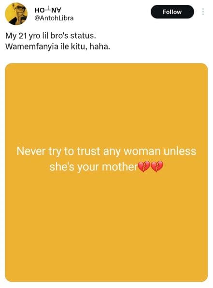 Holnv antohlibra follow my 21 yro lil bro's status_ wamemfanyia ile kitu, haha.