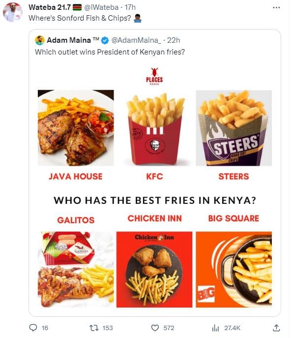 Wateba 21.7 iwateba 17h where s sonford fish chips? adam maina adammaina _ 22h w