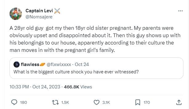 Captain levi nomsajere a 28yr old guy got my then 18yr old sister pregnant. my p