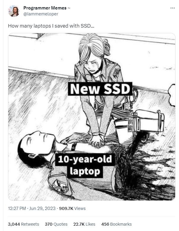 Programmer memes iammemeloper how many laptops saved with ssd. new ssd 10yearold