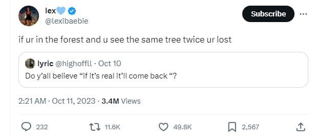 Lex lexibaebie subscribe if ur in the forest and u see the same tree twice ur lo