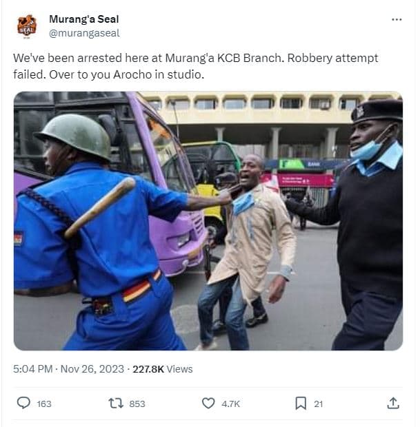 Murang'a seal murangaseal we've been arrested here at murang 'a kcb branch. robb