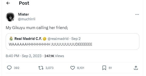 Post mister muchirrii my gikuyu mum calling her friend real madrid c.f realmadri