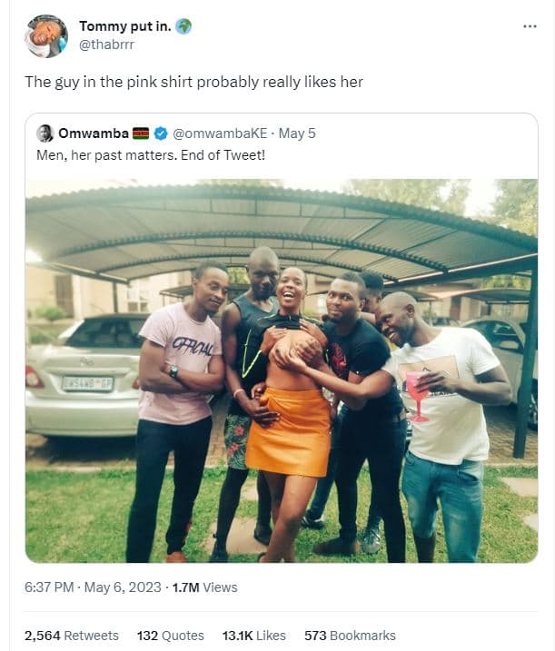 Tommy put thabrrr the guy in the pink shirt probably really likes her omwamba om