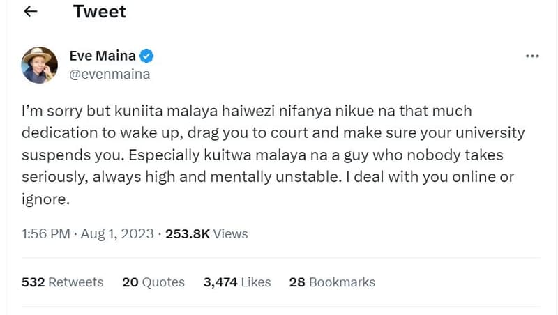 Tweet eve maina evenmaina lm sorry but kuniita malaya haiwezi nifanya nikue na t