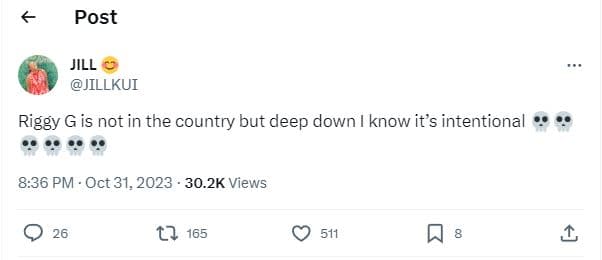 Post jill jillkui riggy g is not in the country but deep down know its intention