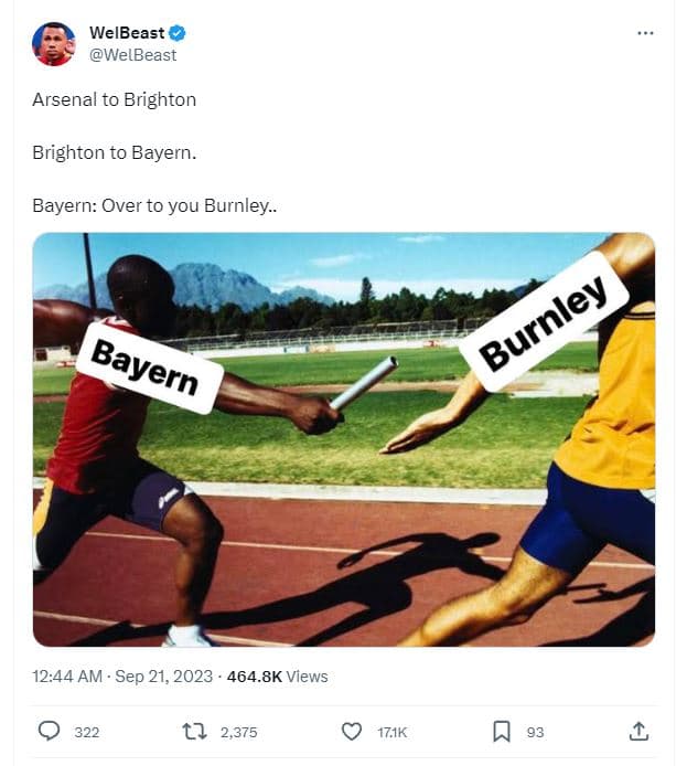 Welbeast welbeast arsenal to brighton brighton to bayern. bayern over to you bur