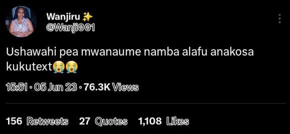Wanjiru 'wanji0i ushawahi pea mwanaume namba alafu anakosa kukutext 05 jun 23 76