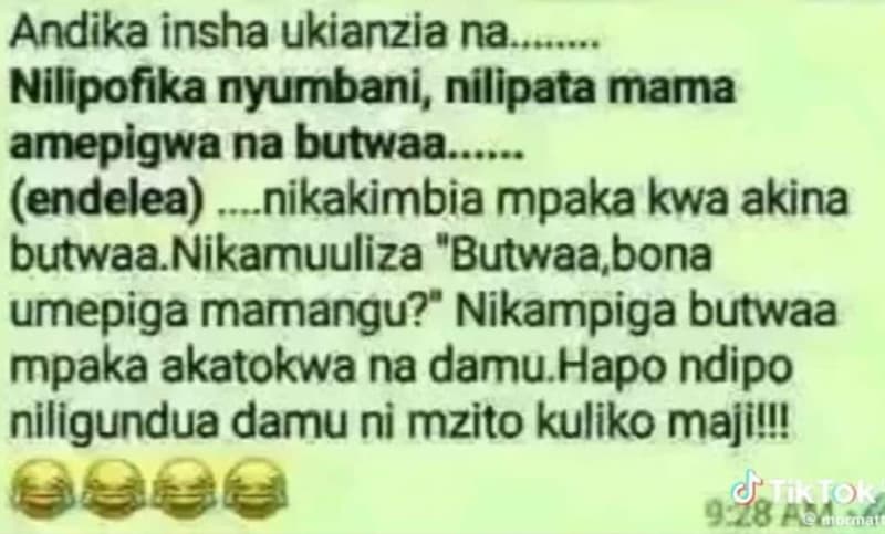 Andika insha ukianzia na nilipofika nyumbani, nilipata mama amepigwa na butwaa _