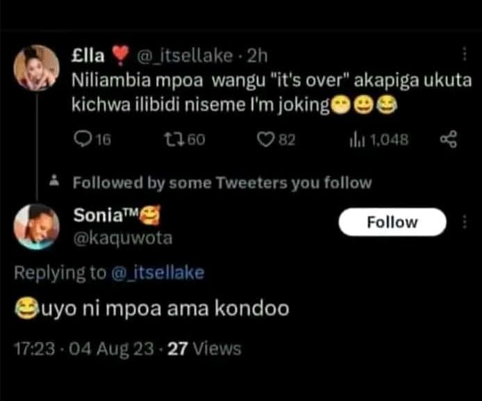 Ella itsellake 2h niliambia mpoa wangu it's over akapiga ukuta kichwa ilibidi ni