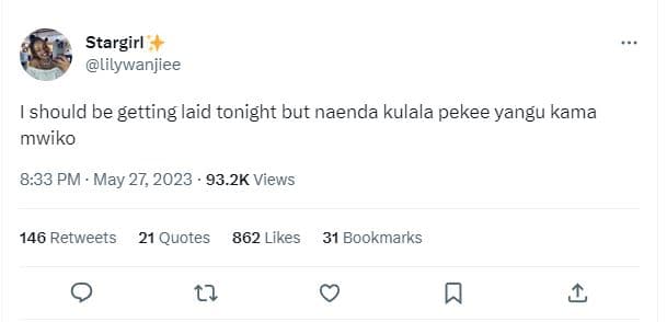 Stargirl lilywanjiee should be getting laid tonight but naenda kulala pekee yang