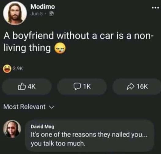 Modimo jun 5 a boyfriend without a car is a non living thing 3 9k ak oık 16k mos