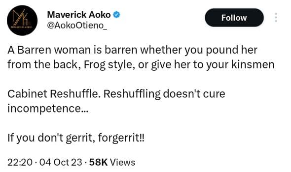 Maverick aoko aokootieno follow a barren woman is barren whether you pound her f