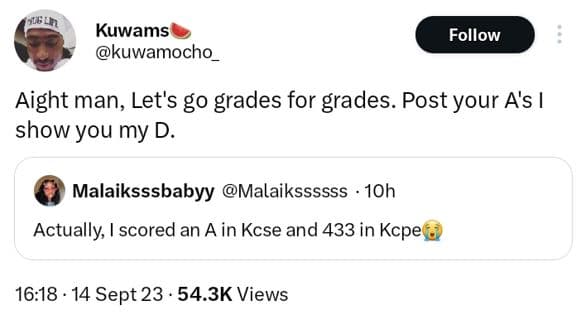 Kuwams kuwamocho follow aight man, let's g0 grades for grades. post your a's sho