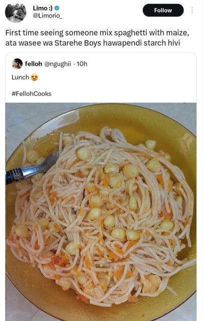 Limo limorio follow first time seeing someone mix spaghetti with maize, ata wase