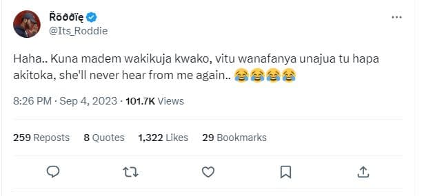 Ãñmię its_roddie haha.. kuna madem wakikuja kwako vitu wanafanya unajua tu hapa