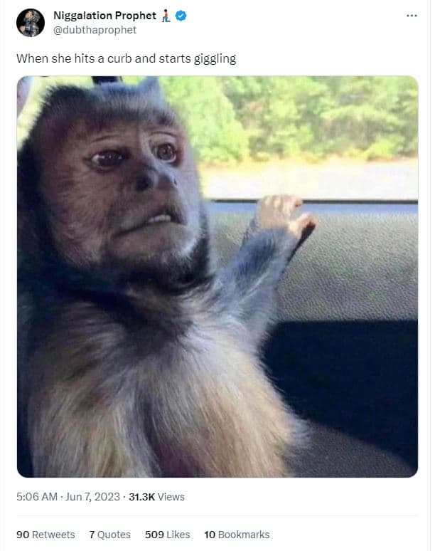 Niggalation prophet dubthaprophet when she hits curb and starts giggling 5.06 am