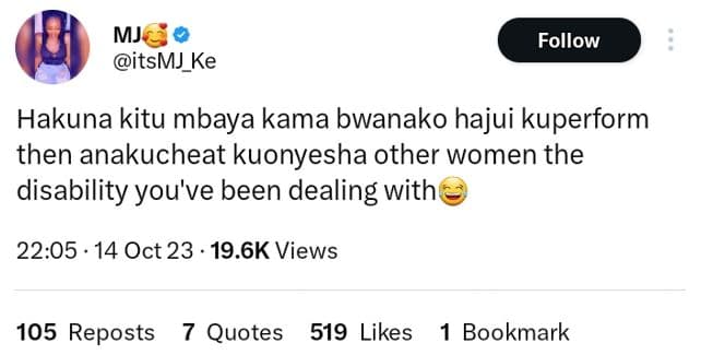 Mj itsmj_ke follow hakuna kitu mbaya kama bwanako hajui kuperform then anakuchea