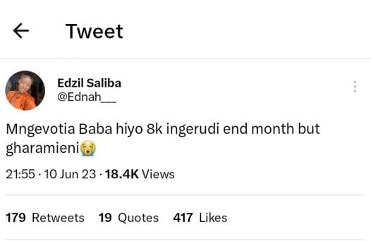 Tweet edzil saliba ednah mngevotia baba hiyo 8k ingerudi end month but gharamien