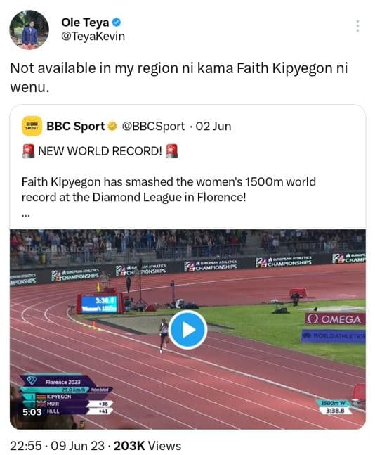 Ole teya teyakevin not available in my region ni kama faith kipyegon ni wenu bbc