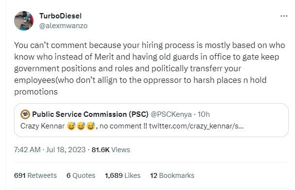 Turbodiesel lexmwanzo you can't comment because your hiring process is mostly ba