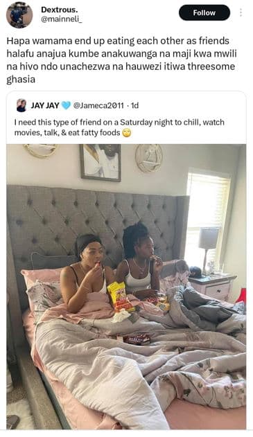 Dextrous mainneli _ follow hapa wamama end up eating each other as friends halaf