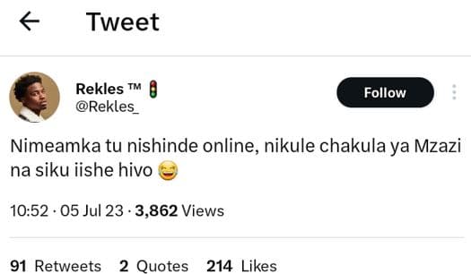 Tweet rekles rekles follow nimeamka tu nishinde online nikule chakula ya mzazi n