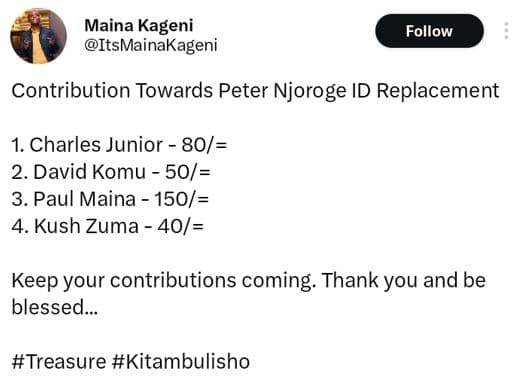 Maina kageni itsmainakageni follow contribution towards peter njoroge id replace