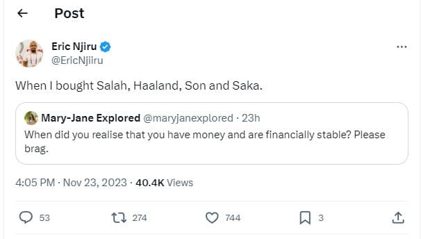 Post eric njiru ericnjiiru when bought salah, haaland, son and saka. maryjane ex