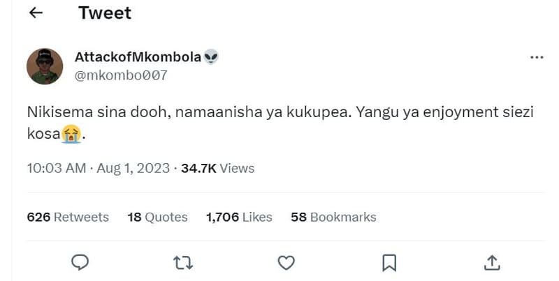 Tweet attackofmkombola mkombooo7 nikisema sina dooh, namaanisha ya kukupea. yang