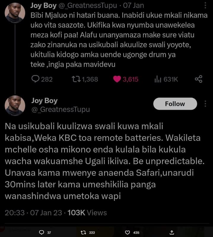 Joy boy greatnesstupu 07 jan bibi mjaluo ni hatari buana. inabidi ukue mkali nik