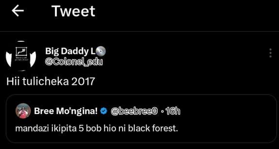 Tweet big daddy l9 coloneldy hii tulicheka bree mongina! beebreeo 16h mandazi ik