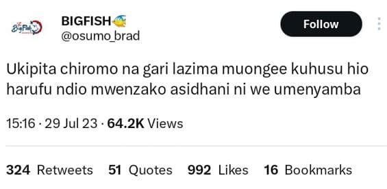 Bigfish osumo_brad follow ukipita chiromo na gari lazima muongee kuhusu hio haru