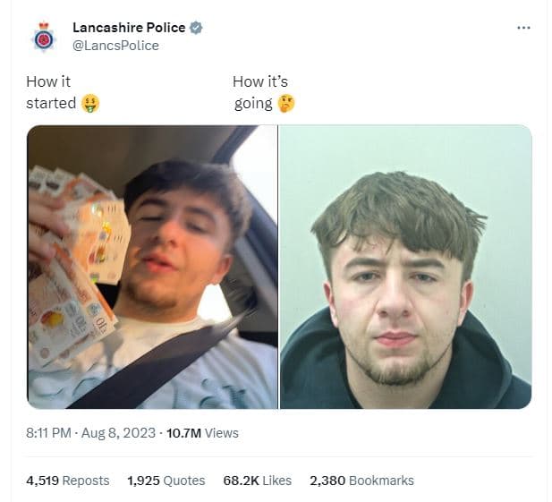 Lancashire police lancspolice how it started how it's going 8.11 pm aug 8, 10.7m