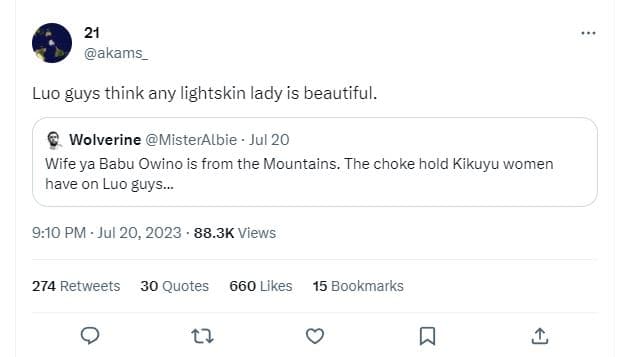 Akams luo guys think any lightskin lady is beautiful. wolverine misteralbie jul