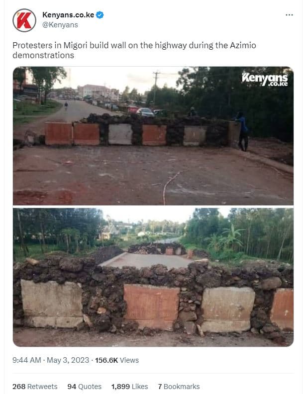 Kenyans.co.ke kenyans protesters in migori build wall on the highway during the