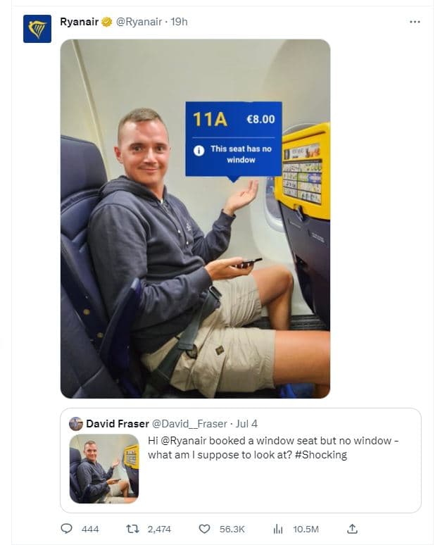 Ryanair ryanair 19h 11a 8.00 this seat has no window david fraser david fraser j