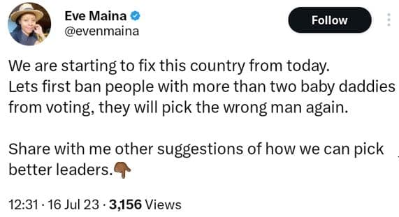 Eve maina evenmaina follow we are starting to fix this country from today lets f