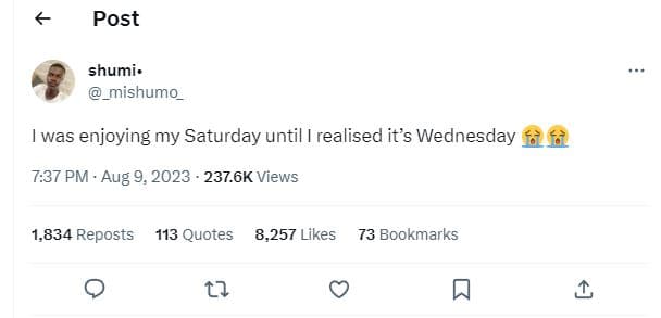 Post shumi. _mishumo was enjoying my saturday until realised its wednesday 7.37