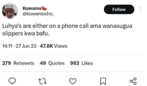 Kuwams kuwamocho follow luhya's are either on a 'phone call ama wanasugua slippe