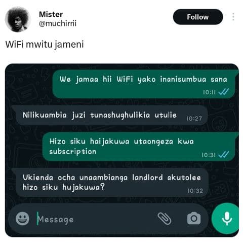 Mister muchirrii follow wifi mwitu jameni we jamaa hii wifi yako inanisumbua san