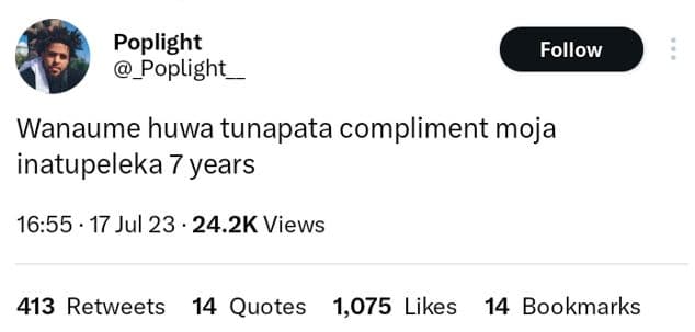 Poplight poplight follow wanaume huwa tunapata compliment moja inatupeleka 7 yea