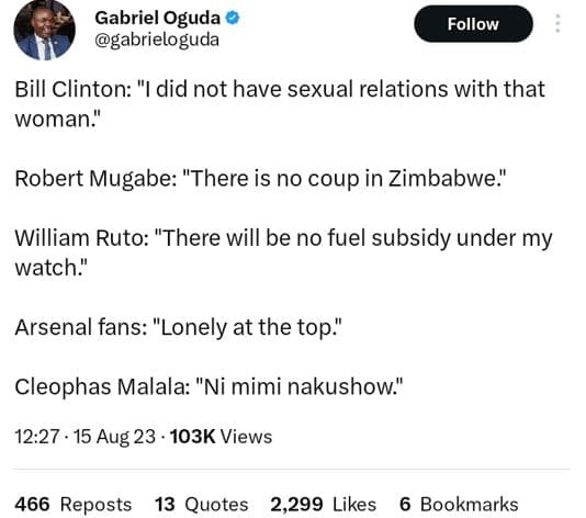 Gabriel oguda gabrieloguda follow bill clinton 'did not have sexual relations wi