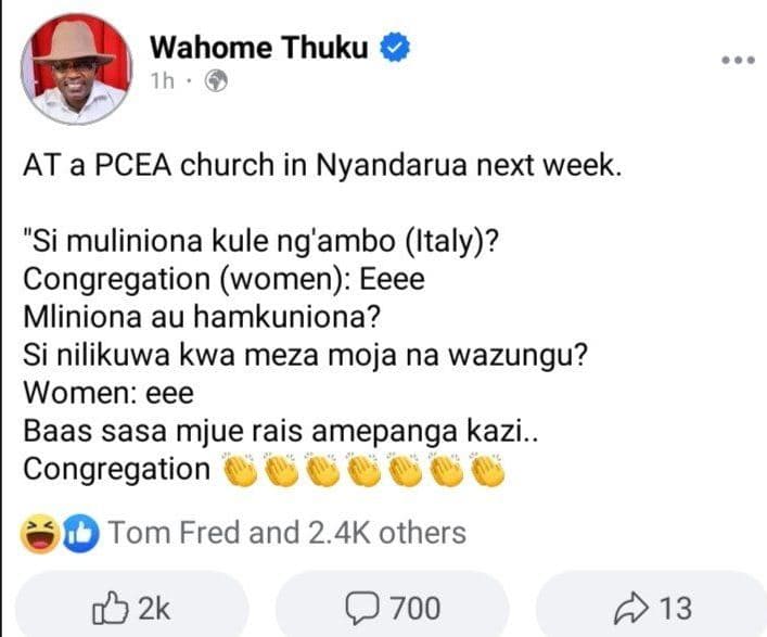 Wahome thuku ih at a pcea church in nyandarua next week. si muliniona kule ng'am