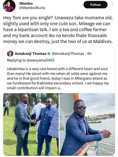 Wambo wamboikuria follow hey7 tom are you single? unaweza taka mumama old, sligh