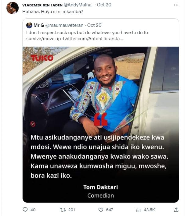 Vladimir bin laden andymaina oct 20 hahaha. huyu si ni mkamba? mr g maumauvetera