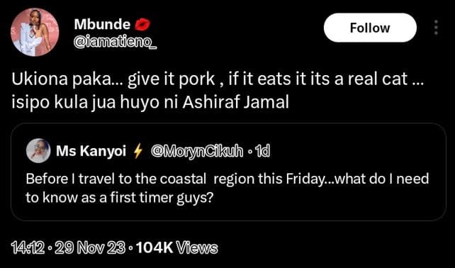 Mbunde amadeno follow ukiona paka.. give it pork , if it eats it its a real cat